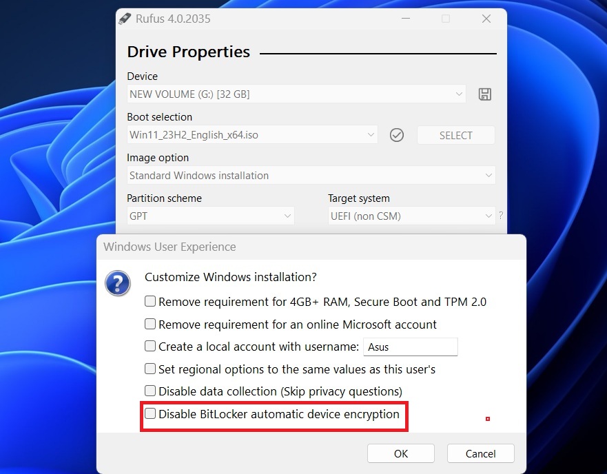 disable bitlocker encryption using rufus in windows 11