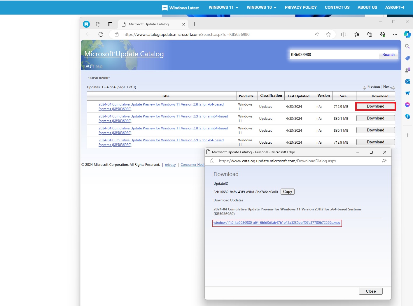 KB5036980 offline installer in .msu format