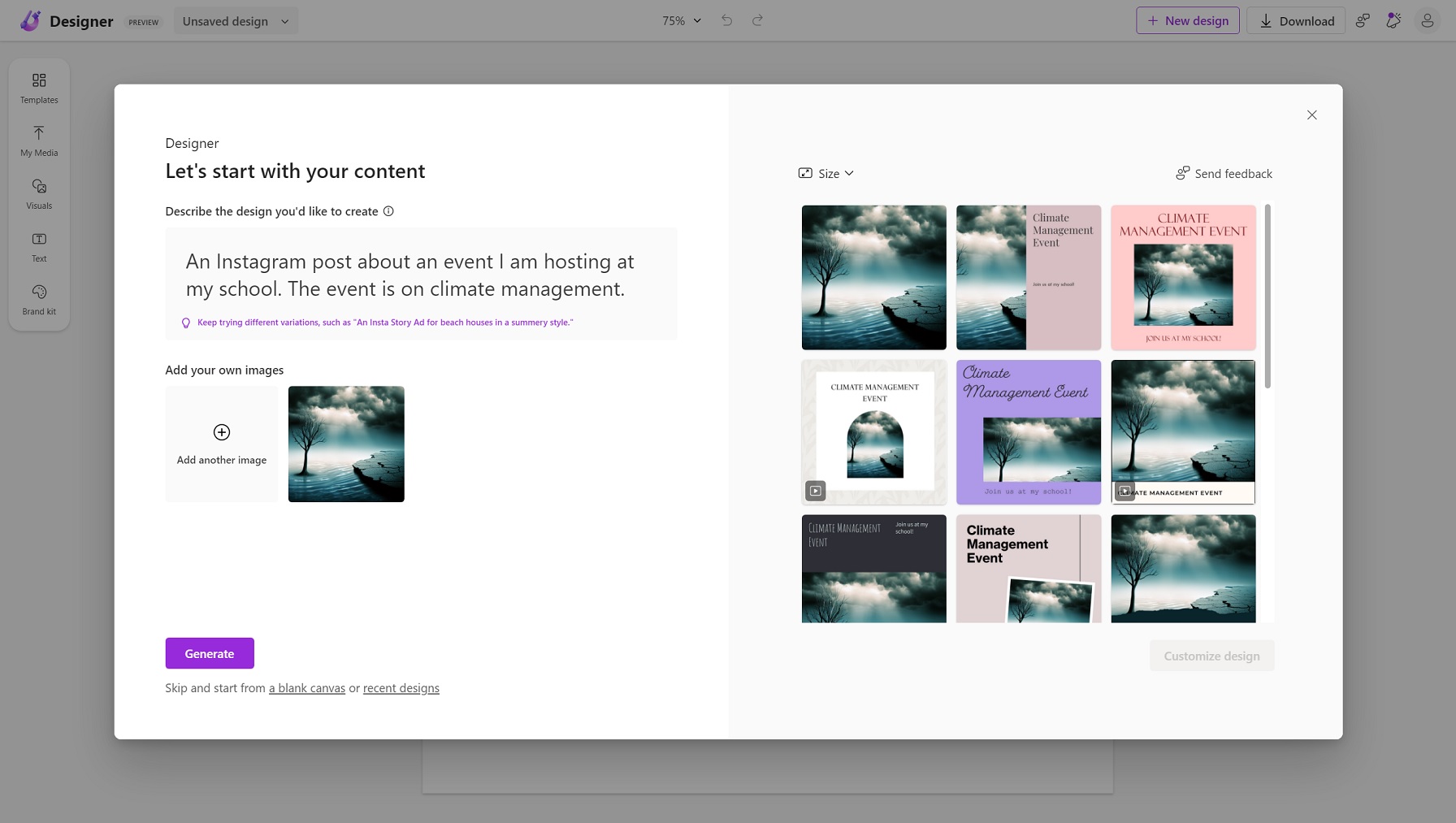 Microsoft Designer generate content