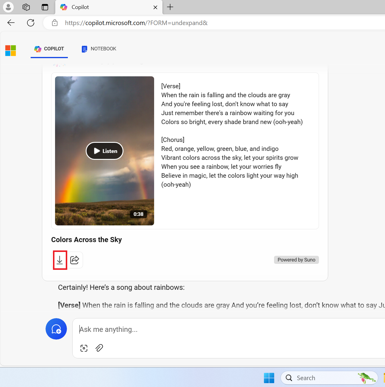 downloading ai song via Copilot web version