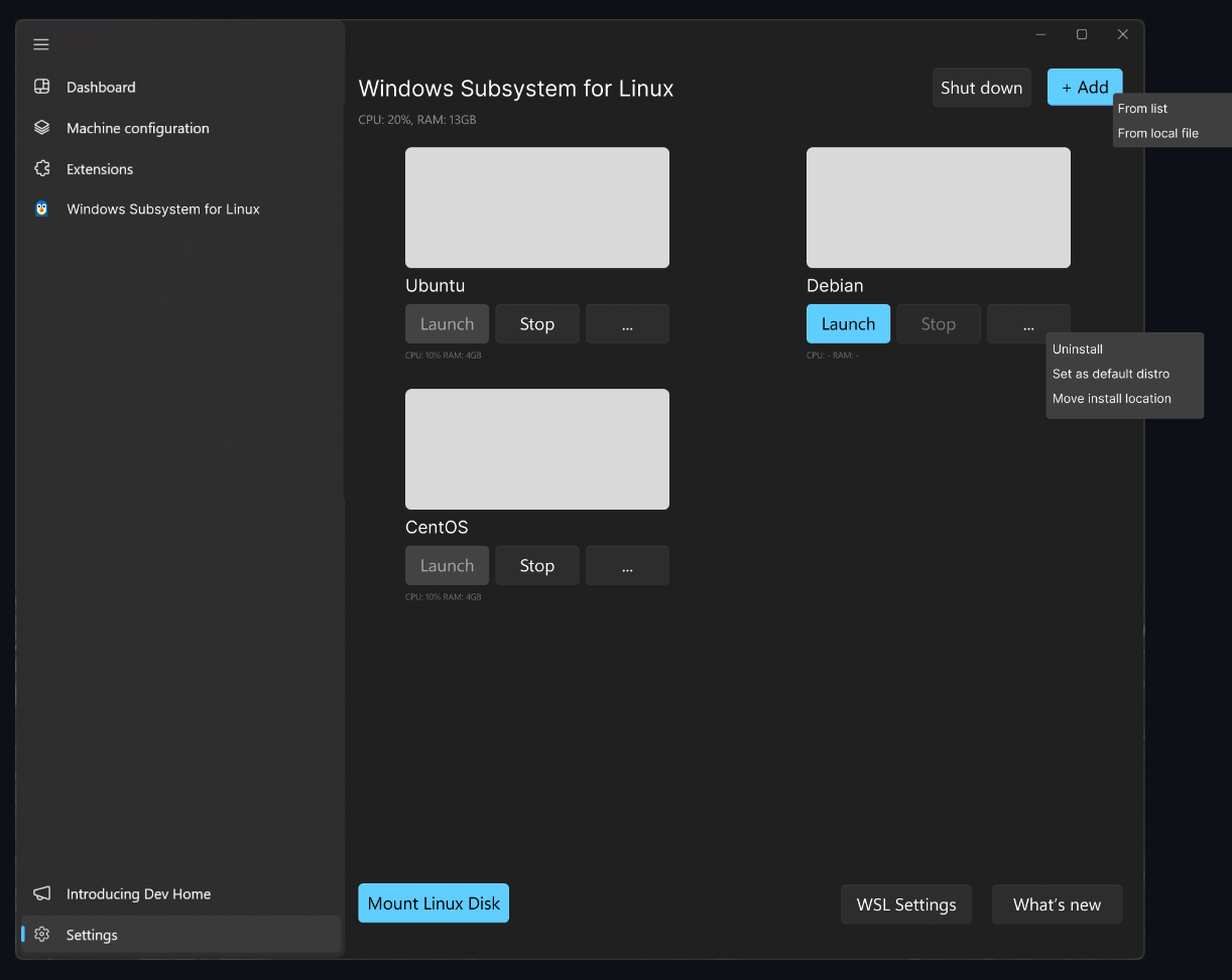 wsl page mockup in dev home app